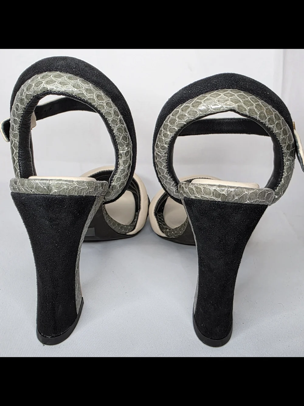 Tory Burch Black and Beige Ankle-Strap Heels with Gold Block Heel